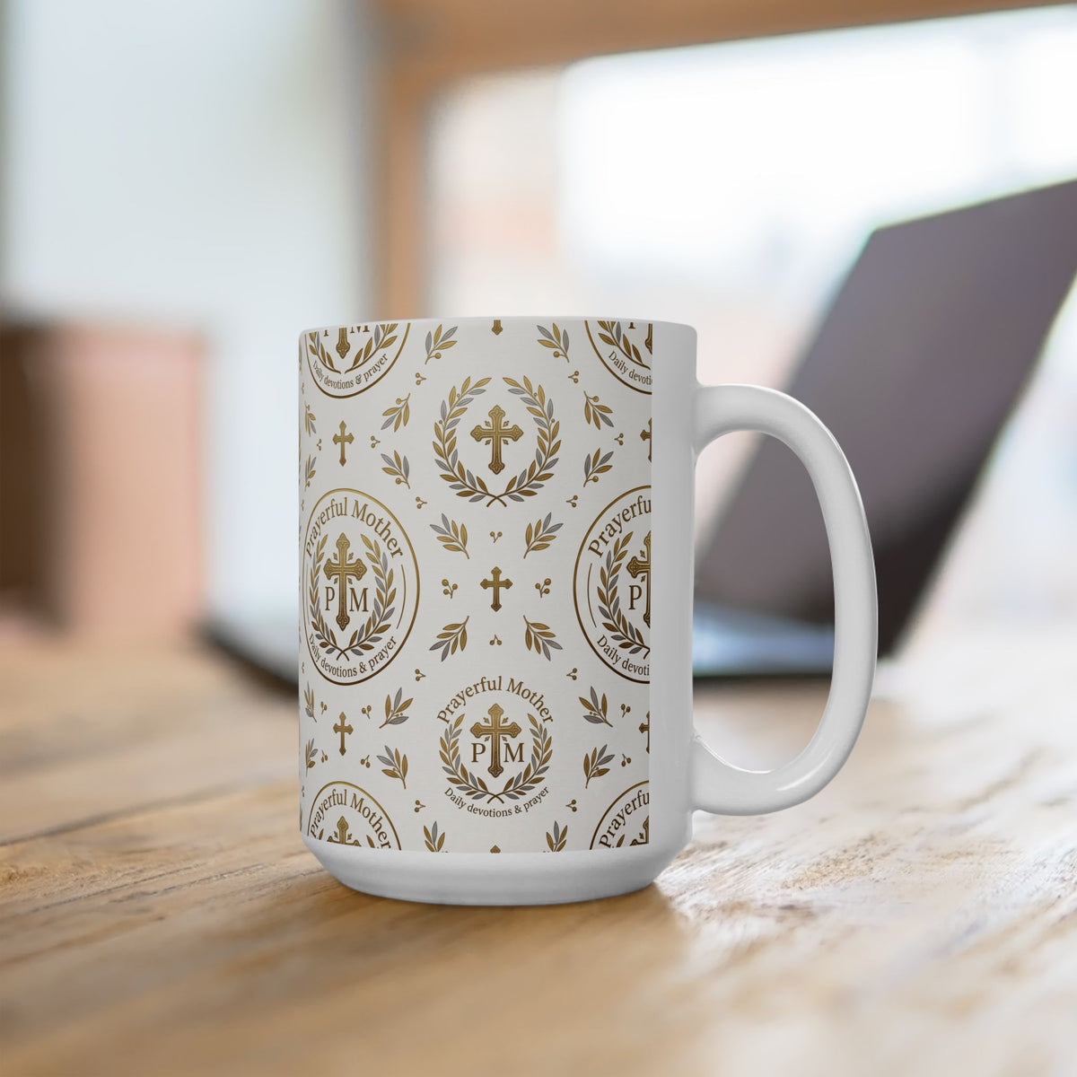 Religious Gold Crest Ceramic Mug (11oz & 15oz) — 'Prayerful Mother' Pattern