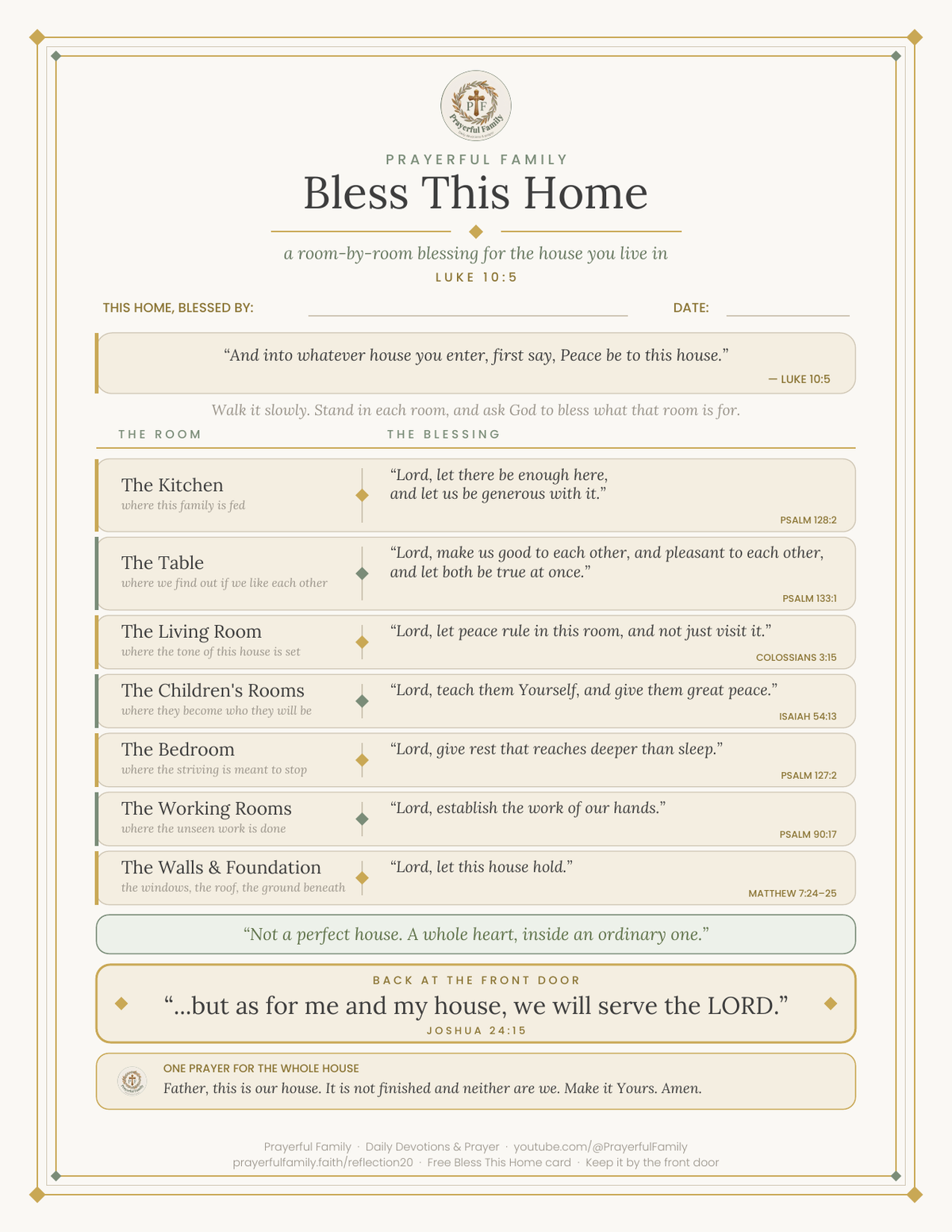 Bless This Home card, page one: seven rooms and seven blessings, with Joshua 24:15 at the front door