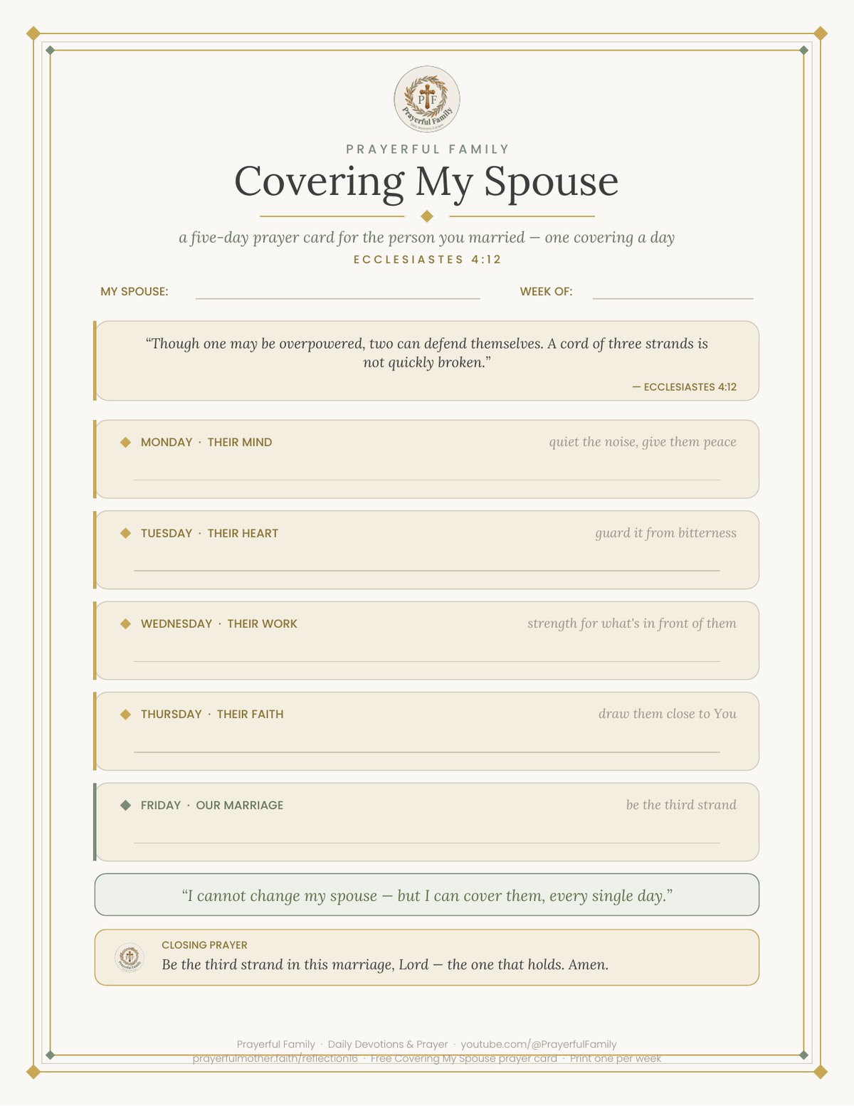 Covering My Spouse โ Free Printable 5-Day Prayer Card for Your Marriage (Ecclesiastes 4:12)