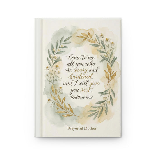 Prayerful Mother hardcover prayer journal with Matthew 11:28 Bible verse cover