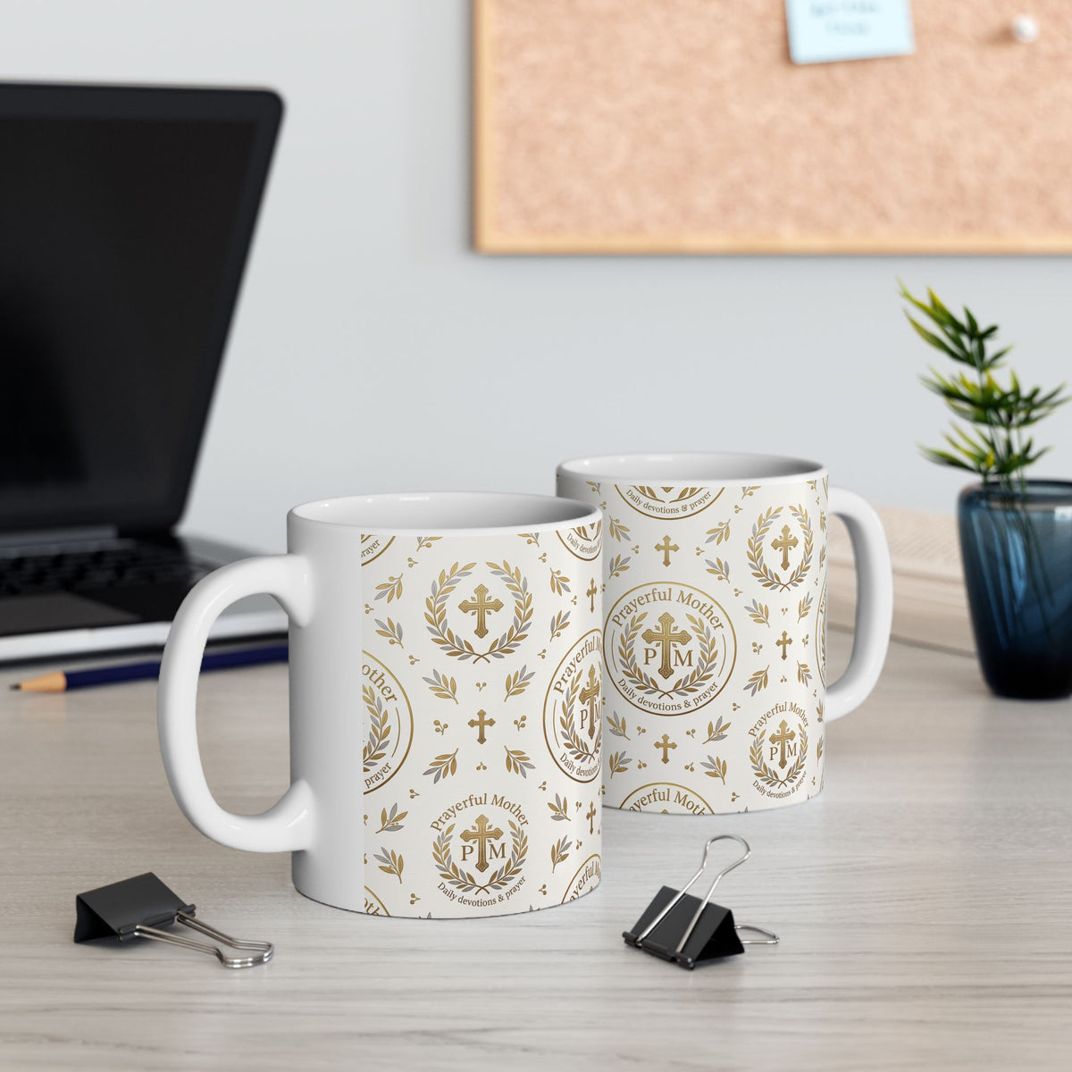 Religious Gold Crest Ceramic Mug (11oz & 15oz) — 'Prayerful Mother' Pattern