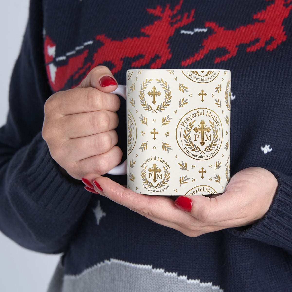 Religious Gold Crest Ceramic Mug (11oz & 15oz) — 'Prayerful Mother' Pattern