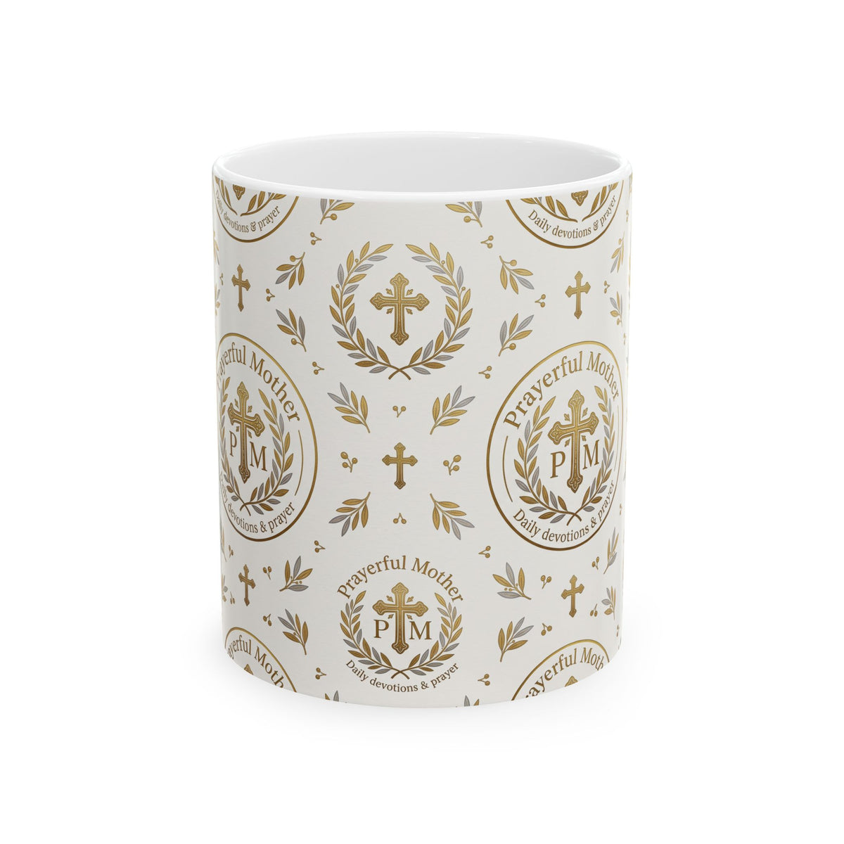 Religious Gold Crest Ceramic Mug (11oz & 15oz) — 'Prayerful Mother' Pattern