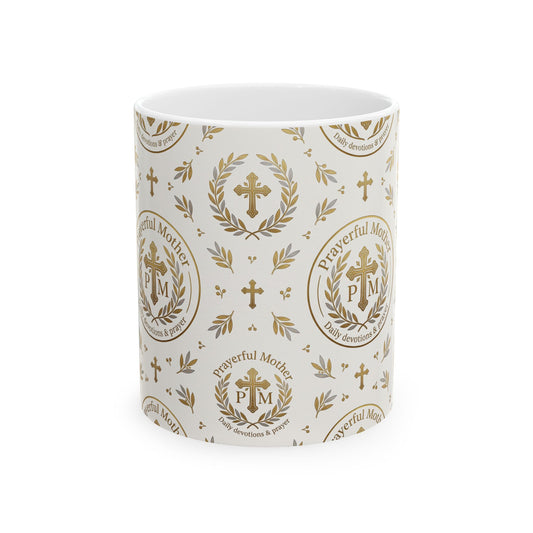 Religious Gold Crest Ceramic Mug (11oz & 15oz) — 'Prayerful Mother' Pattern