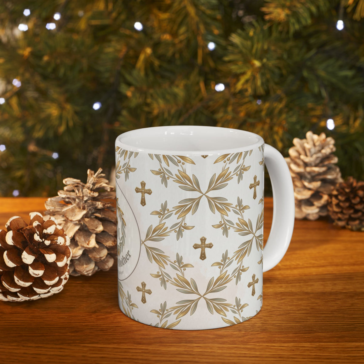 Prayerful Mother Ceramic Mug — Religious Floral Cross Coffee Cup (11oz & 15oz)