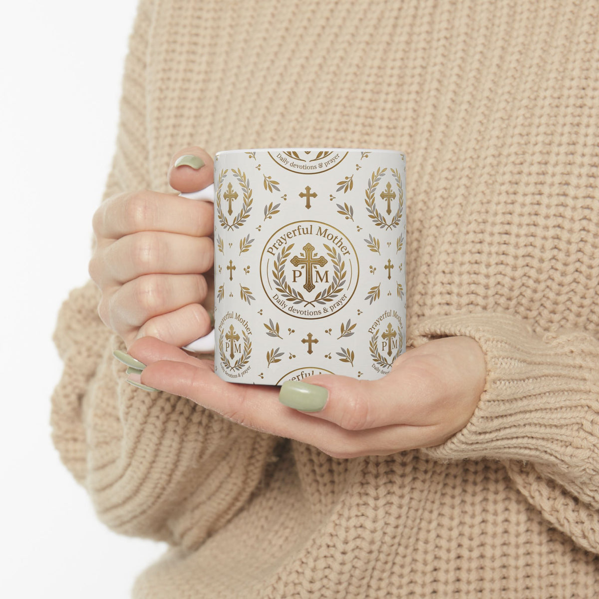 Religious Gold Crest Ceramic Mug (11oz & 15oz) — 'Prayerful Mother' Pattern