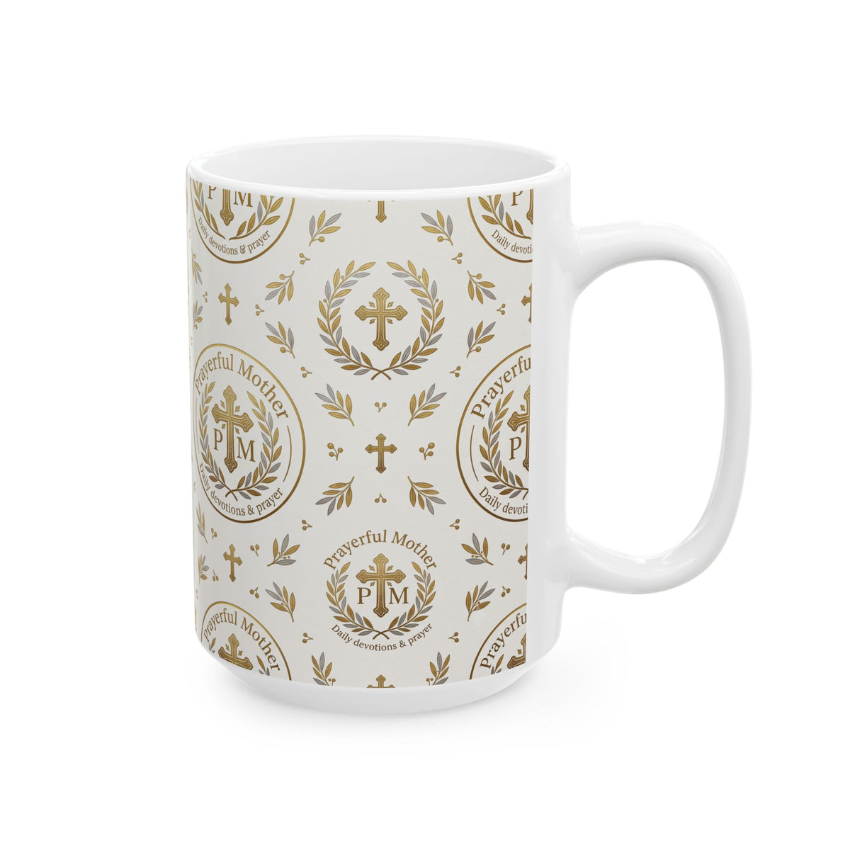 Religious Gold Crest Ceramic Mug (11oz & 15oz) — 'Prayerful Mother' Pattern