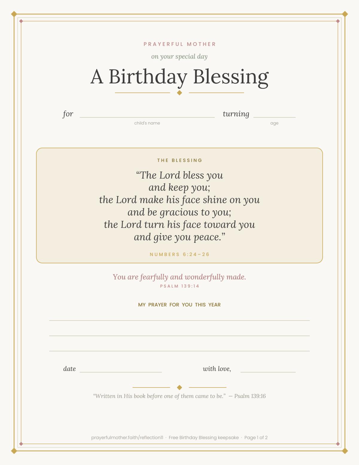 The Birthday Blessing certificate — Numbers 6:24–26, name, age and prayer lines