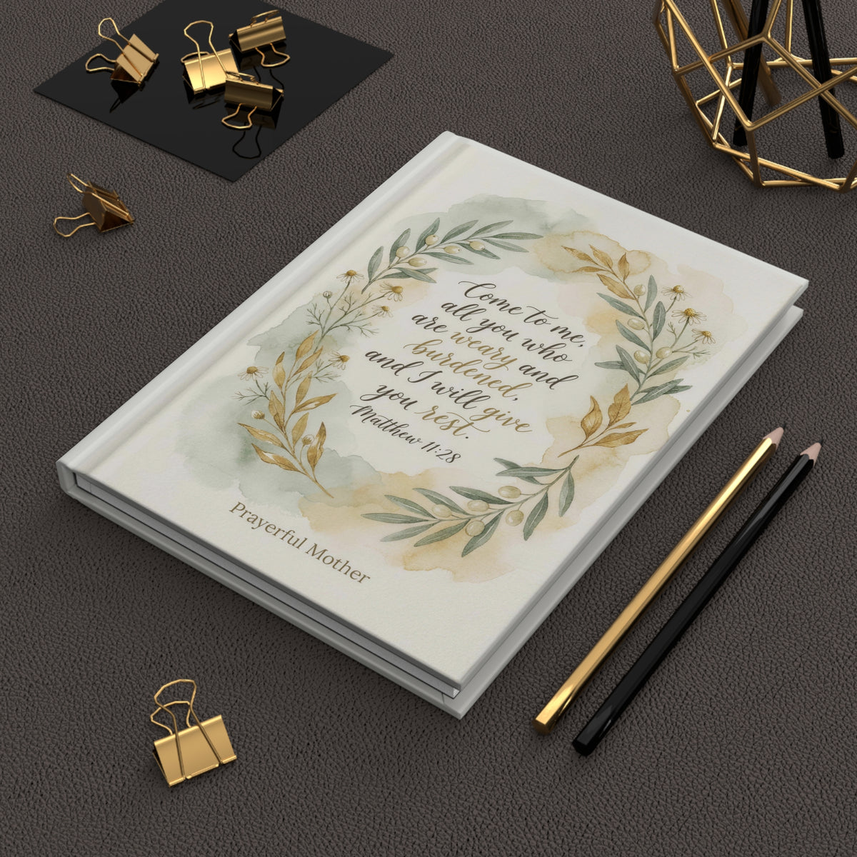 Prayerful Mother Hardcover Journal — "Come to me, all you who are weary" Bible Verse Notebook
