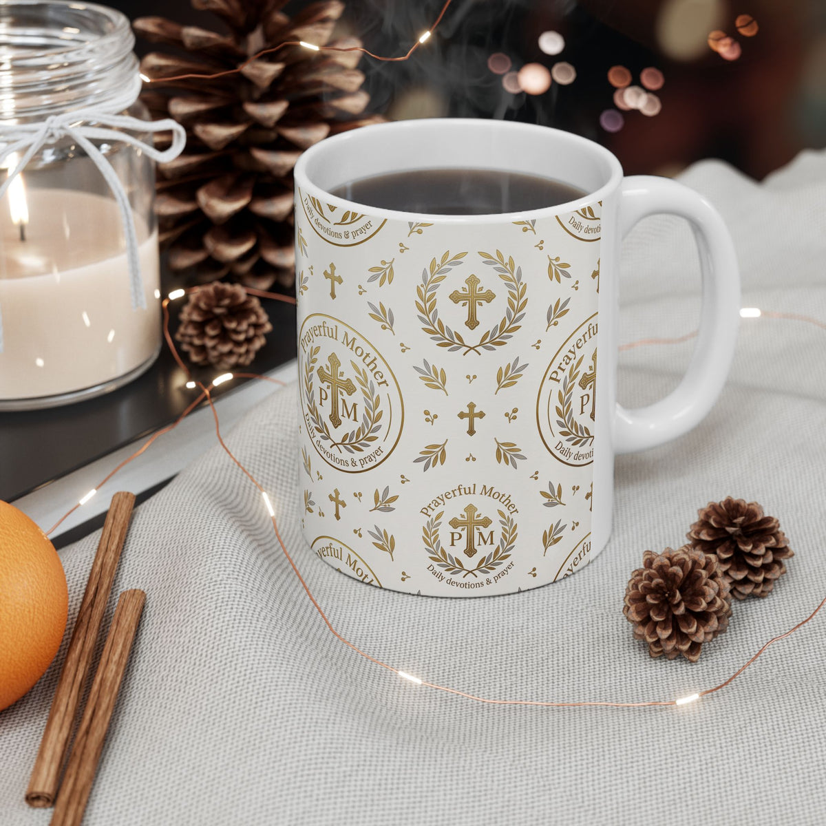 Religious Gold Crest Ceramic Mug (11oz & 15oz) — 'Prayerful Mother' Pattern