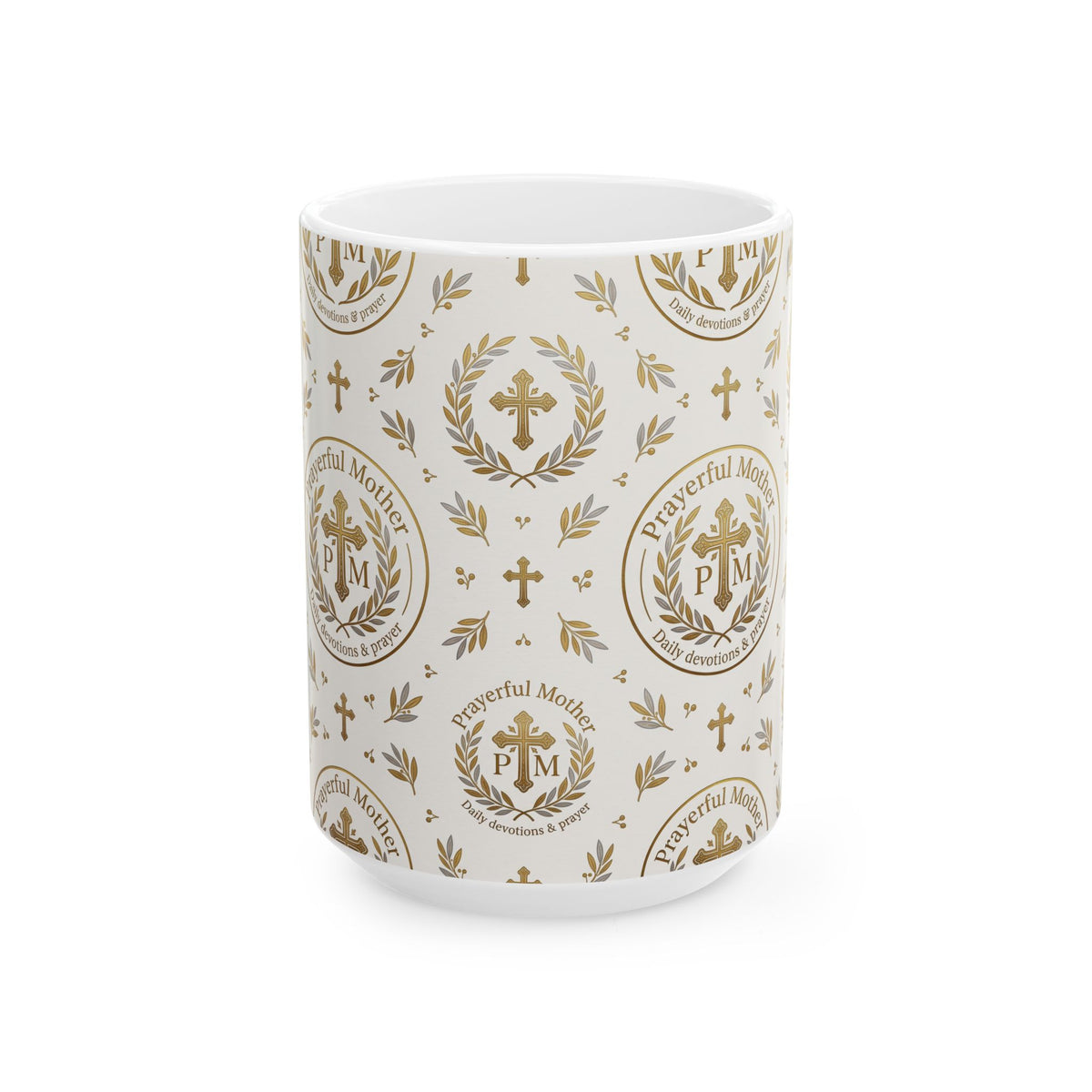Religious Gold Crest Ceramic Mug (11oz & 15oz) — 'Prayerful Mother' Pattern