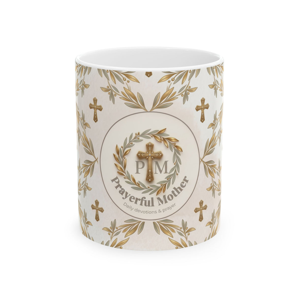 Prayerful Mother Ceramic Mug — Religious Floral Cross Coffee Cup (11oz & 15oz)