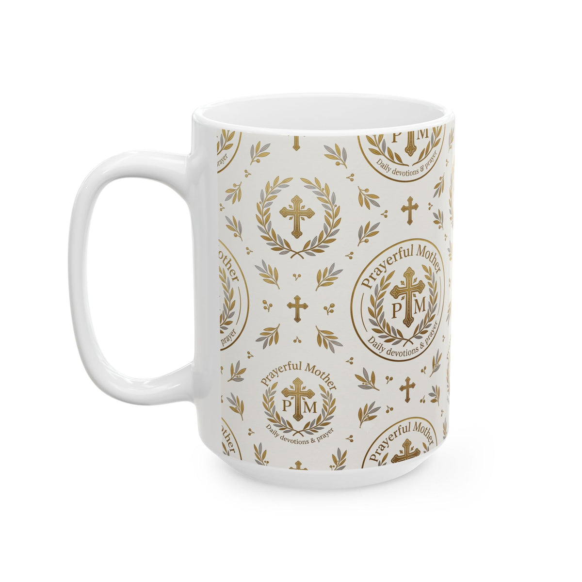 Religious Gold Crest Ceramic Mug (11oz & 15oz) — 'Prayerful Mother' Pattern