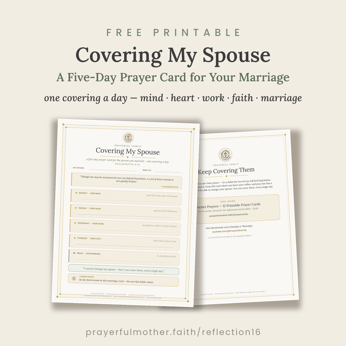 Covering My Spouse — Free Printable 5-Day Prayer Card for Your Marriage (Ecclesiastes 4:12)