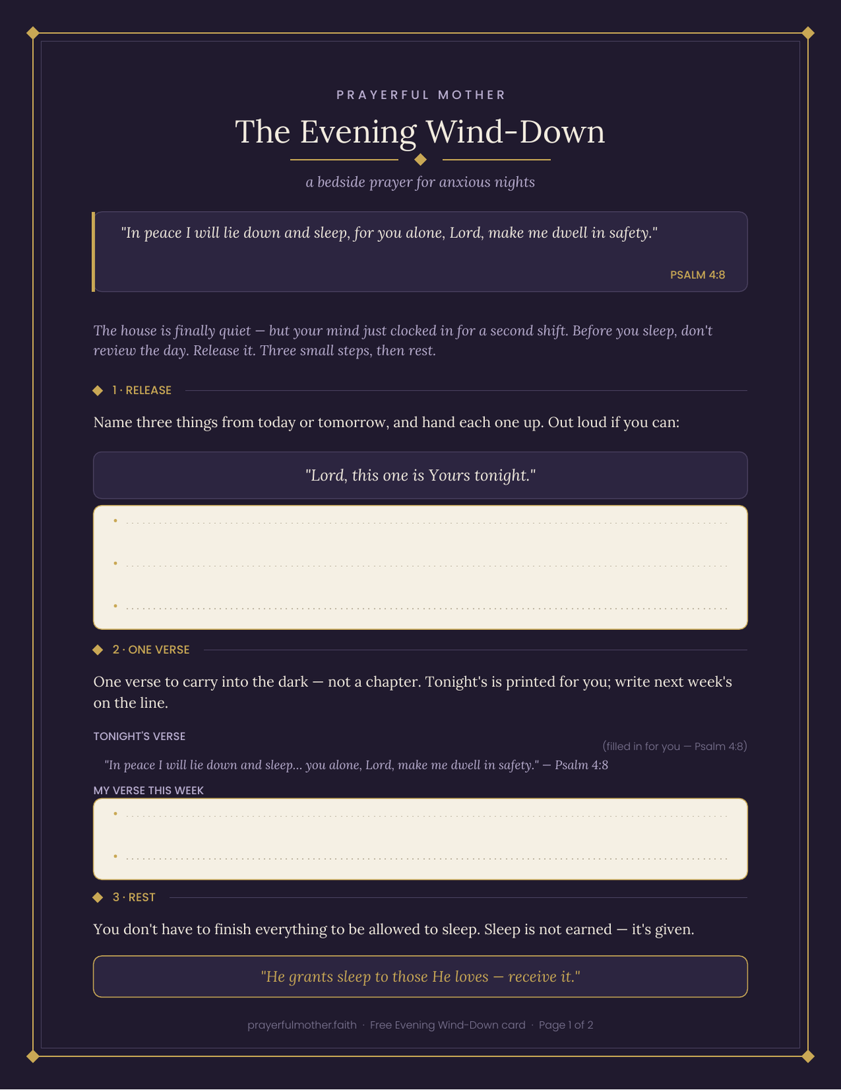 Evening Wind-Down — Free Printable Bedside Prayer Card for Anxious Nights (Psalm 4:8)