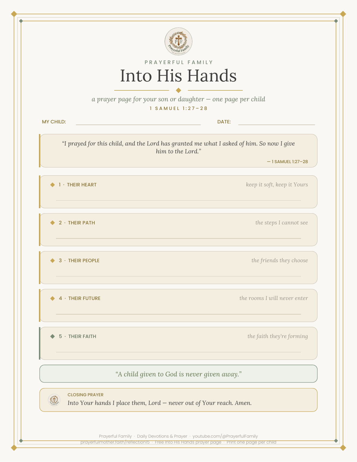 Into His Hands — Free Printable Prayer Page for Your Son & Daughter (1 Samuel 1:27–28 · Hannah's Prayer)