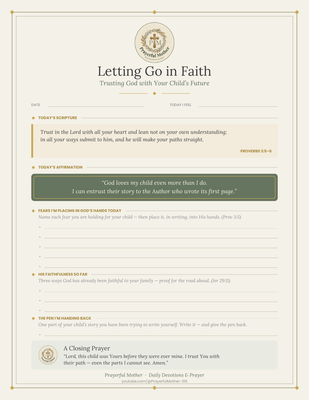 Letting Go in Faith reflection sheet — full page preview, Proverbs 3:5–6 printable for mothers