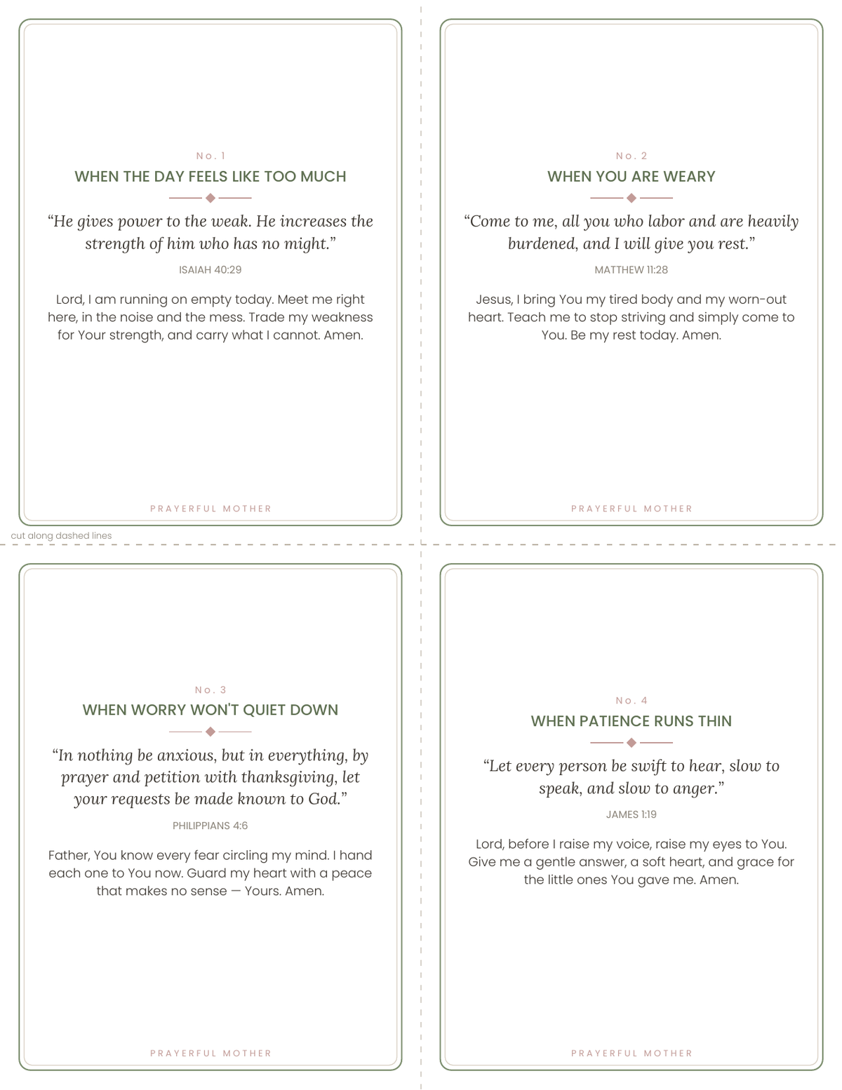 Preview of four printable prayer cards for moms with scripture and short prayers