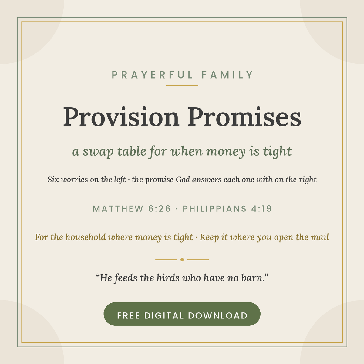 Provision Promises free printable swap table cover — a prayer resource for when money is tight, Matthew 6:26