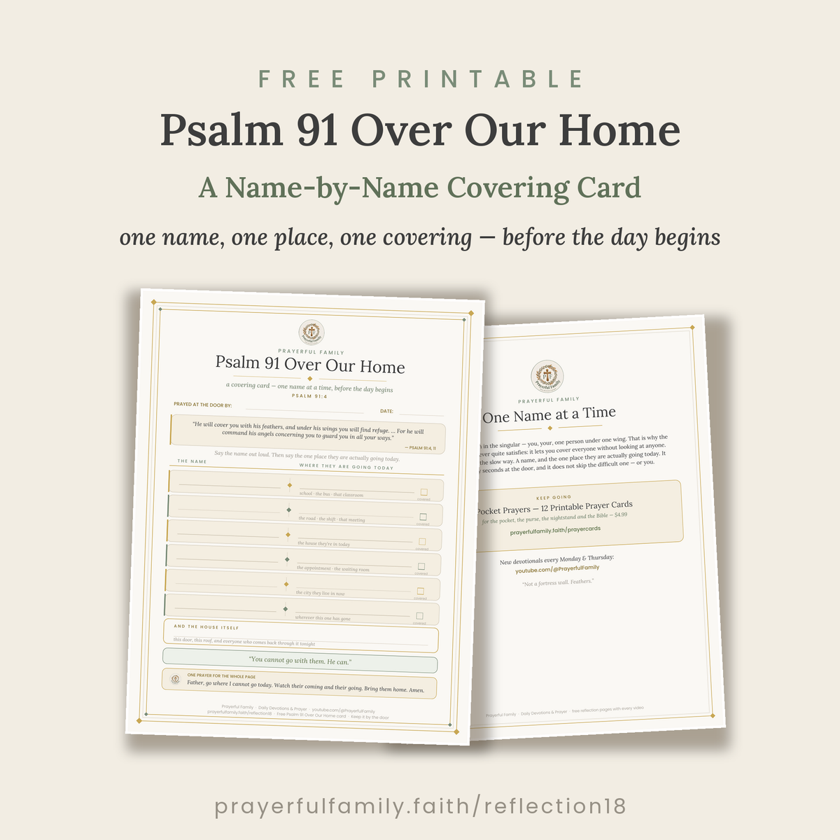 Both pages of the Psalm 91 Over Our Home printable side by side — name and place covering rows and a Keep Going page