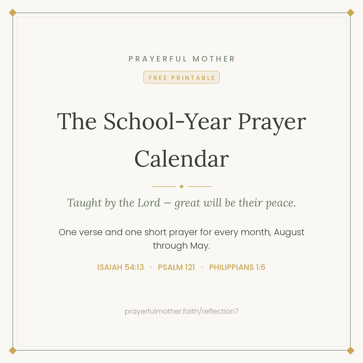 School-Year Prayer Calendar — Free Printable Monthly Prayer for Your Child's School Year (Isaiah 54:13)