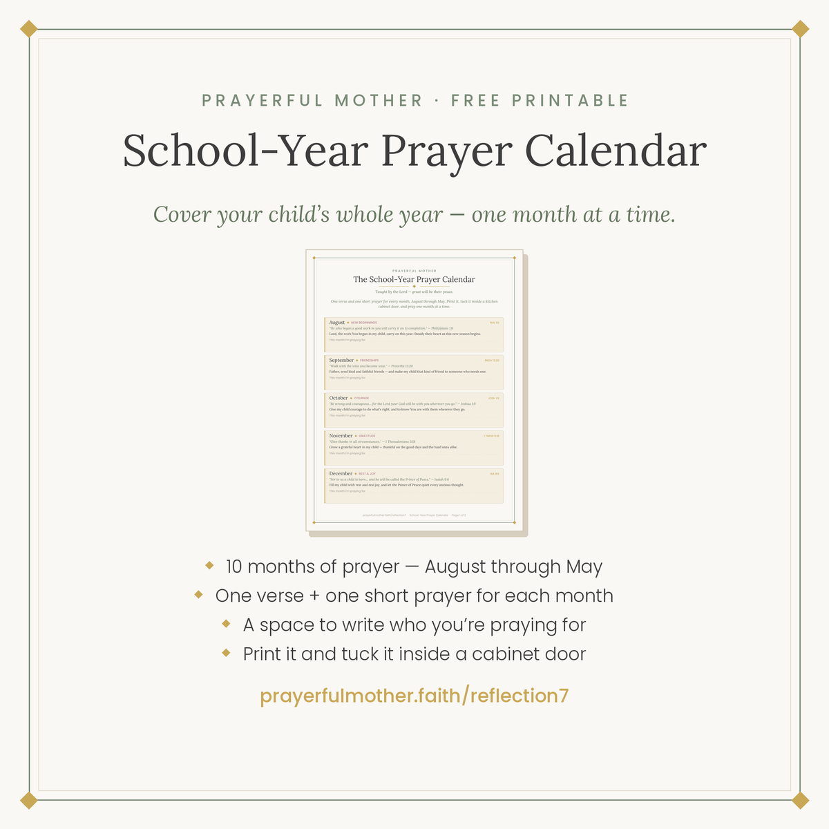 School-Year Prayer Calendar — Free Printable Monthly Prayer for Your Child's School Year (Isaiah 54:13)