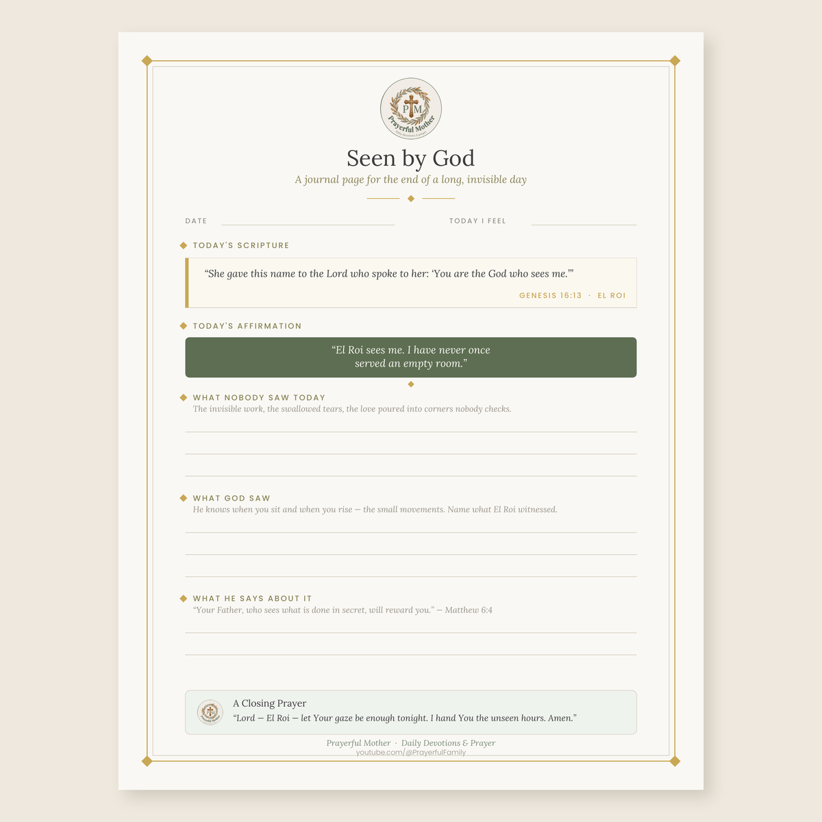 Seen by God — Free Printable Journal Page for the Mom Who Feels Unseen (Genesis 16:13 · El Roi)