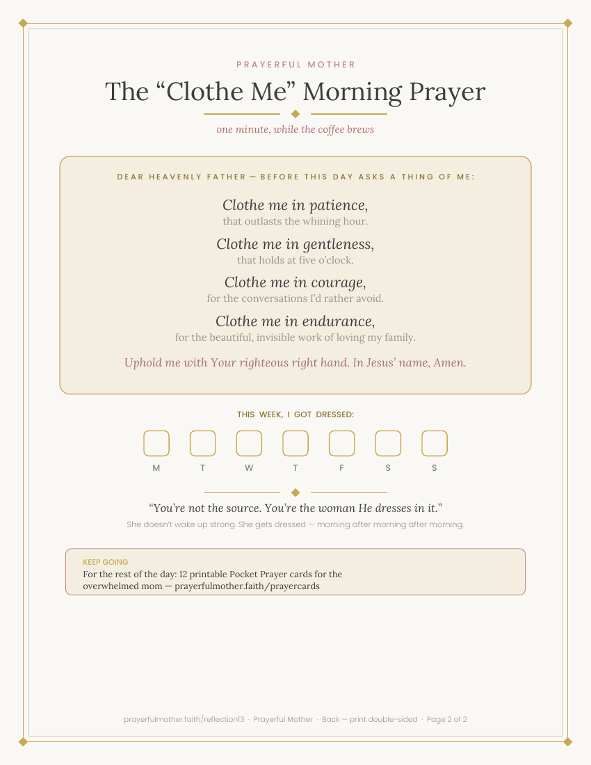 Back — the 1-minute Clothe Me morning prayer with Monday–Sunday tracker