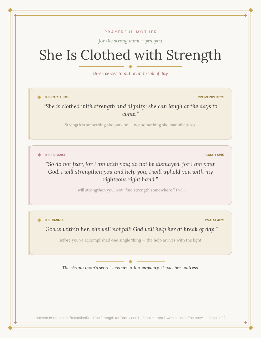 Front — the three strength verses: Proverbs 31:25, Isaiah 41:10, Psalm 46:5