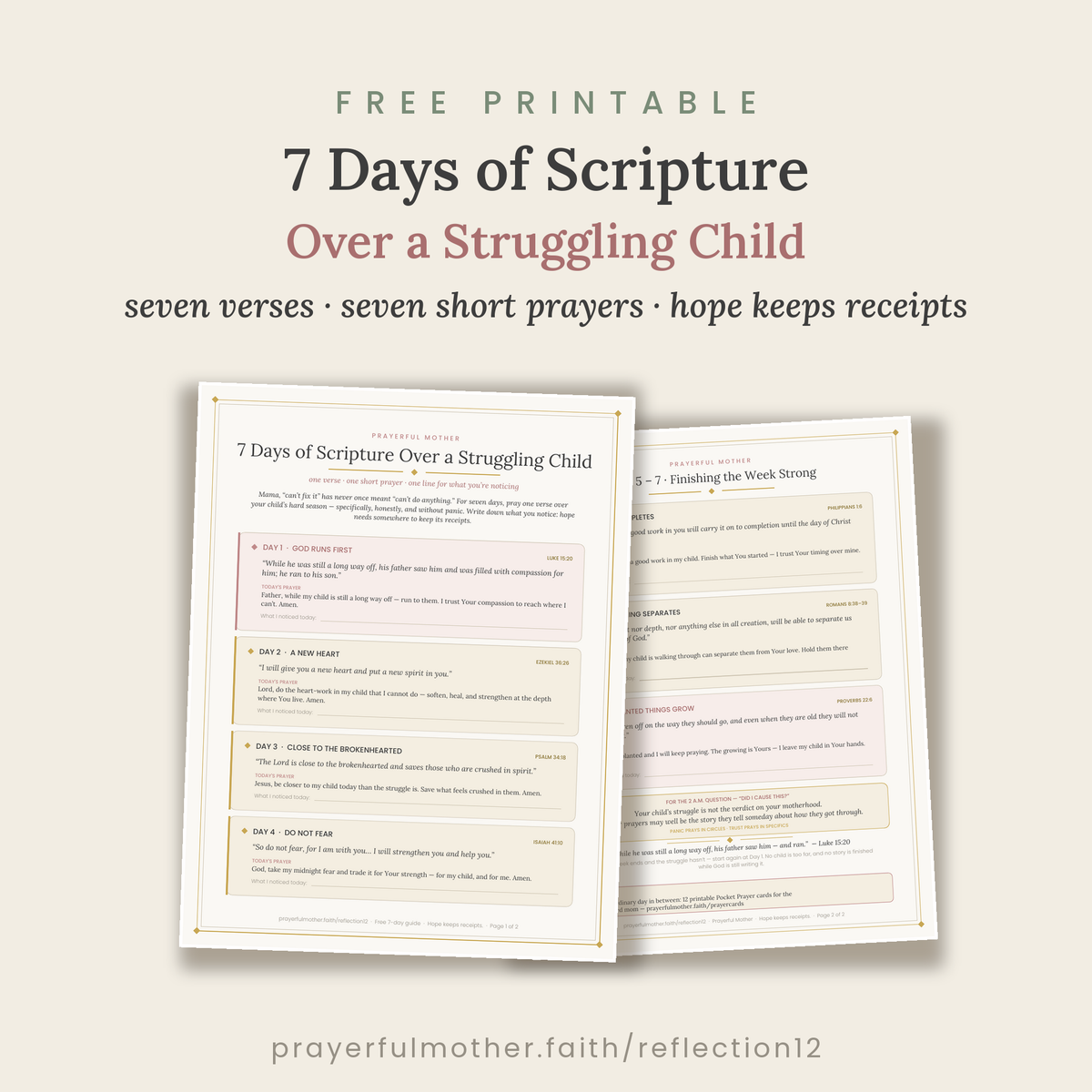 Front and back pages of the 7-day scripture guide for a struggling child