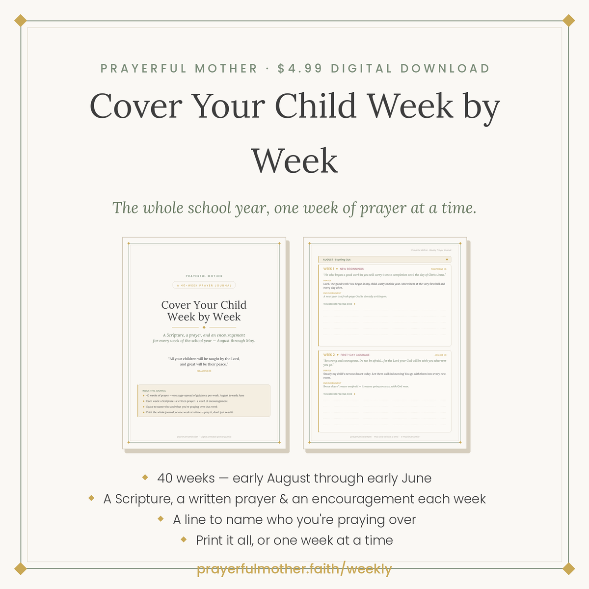 Cover Your Child Week by Week — School-Year Weekly Prayer Journal (40 Weeks, Printable)